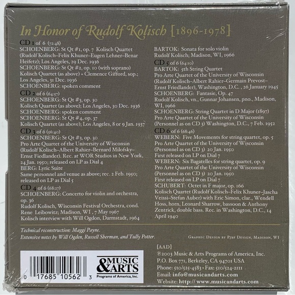 In Honor Of Rudolf Kolisch 1896-1978 CD BOX SET  017685105623 factory sealed - Picture 2 of 2